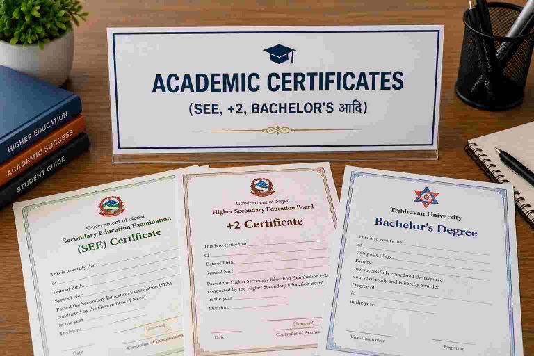 शैक्षिक प्रमाणपत्र (Academic Certificates – SEE, +2, Bachelor’s आदि) प्राप्त गर्ने प्रक्रिया – नेपाल